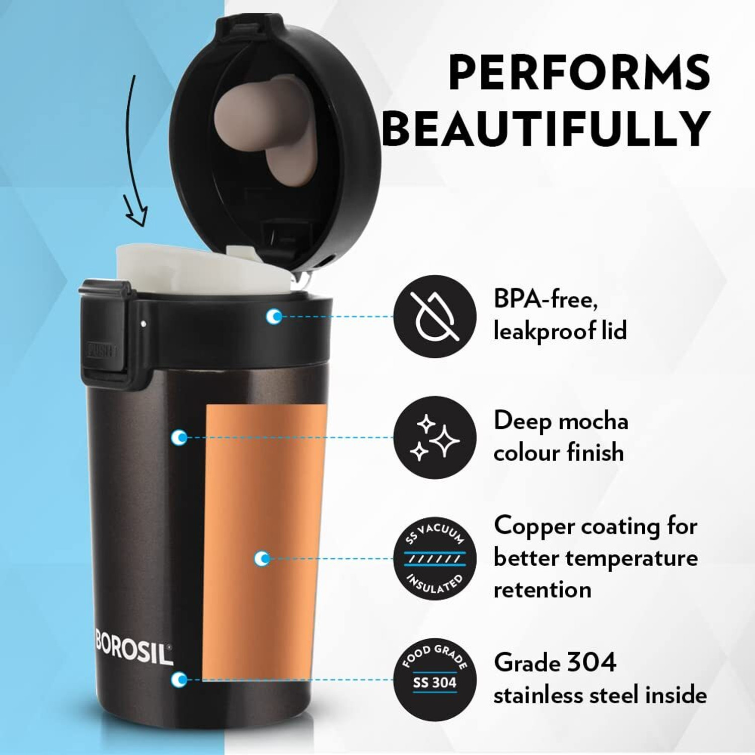Image of BOROSIL Coffeemate Vacuum Insulated Travel Mug with Lid, 8 Hours Hot & 14 Hours Cold 300 ml Steel Flask