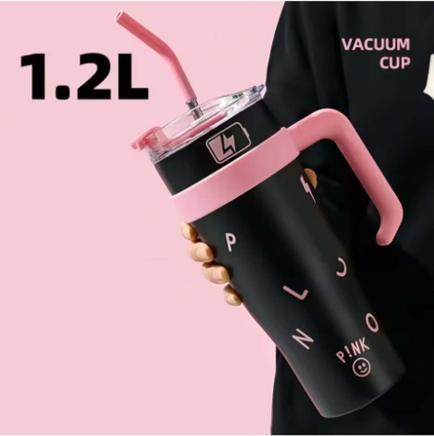 Image of Ritora HUGE 1200ml Insulated Tumbler with Handle & Straw | Black Pink Stainless Steel Tumbler