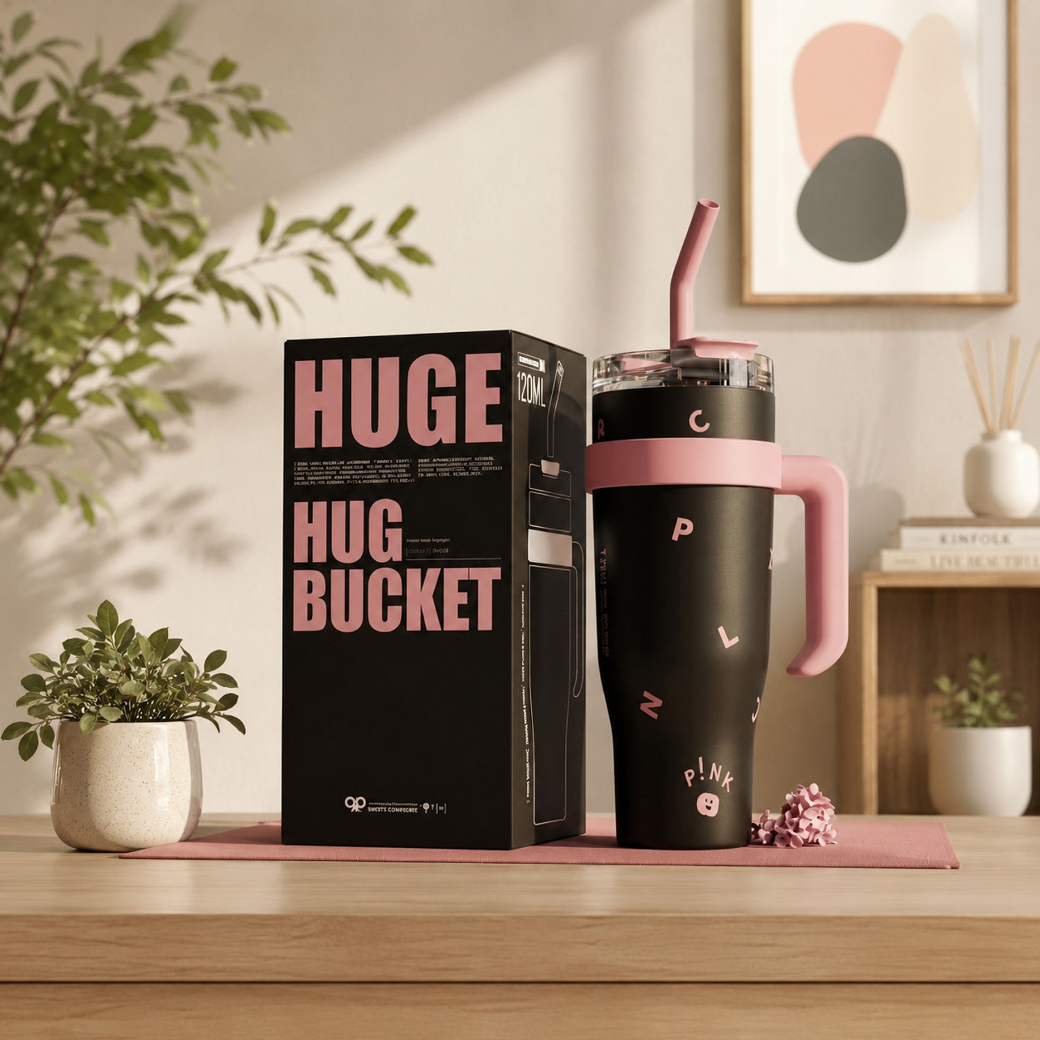 Image of Ritora HUGE 1200ml Insulated Tumbler with Handle & Straw | Black Pink Stainless Steel Tumbler