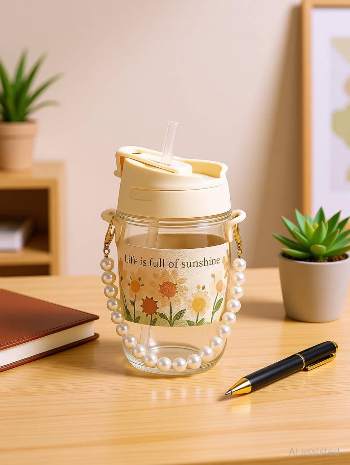 AANZIA insulated Pearls handle glass with straw Glass Coffee Mug