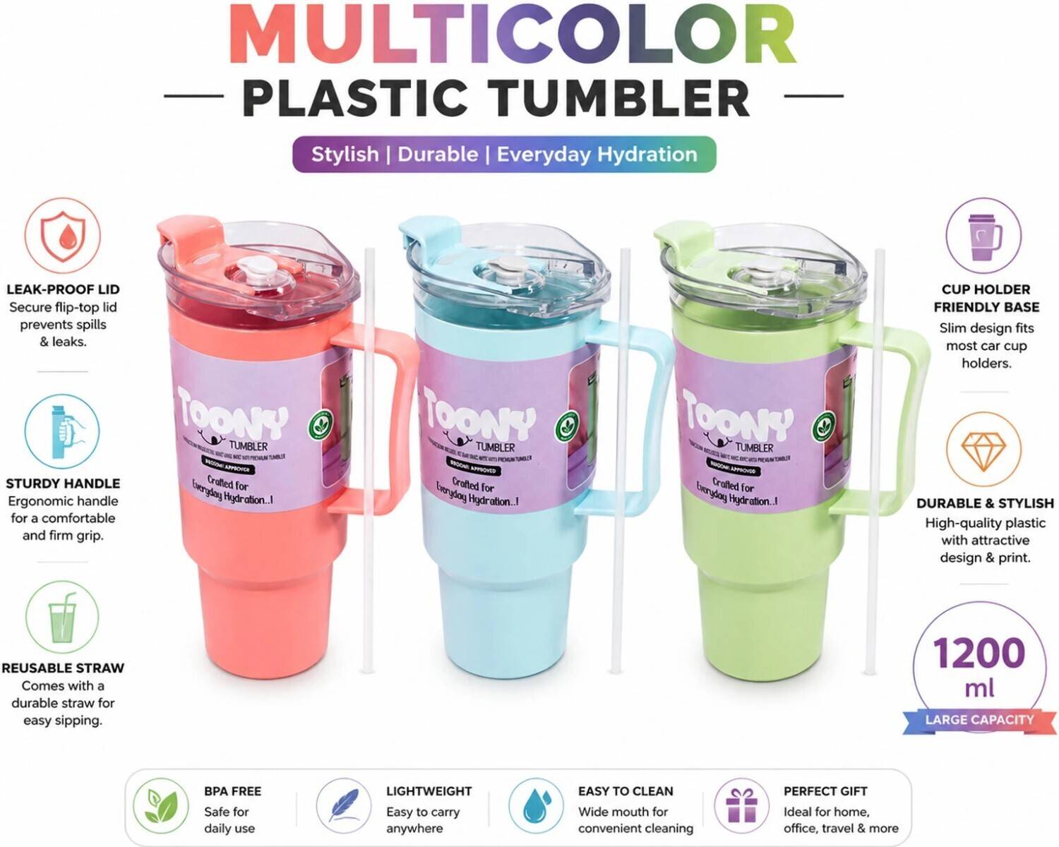 Shiv Trendy Plastic Tumbler Bottle with Lid & Straw - Image 2