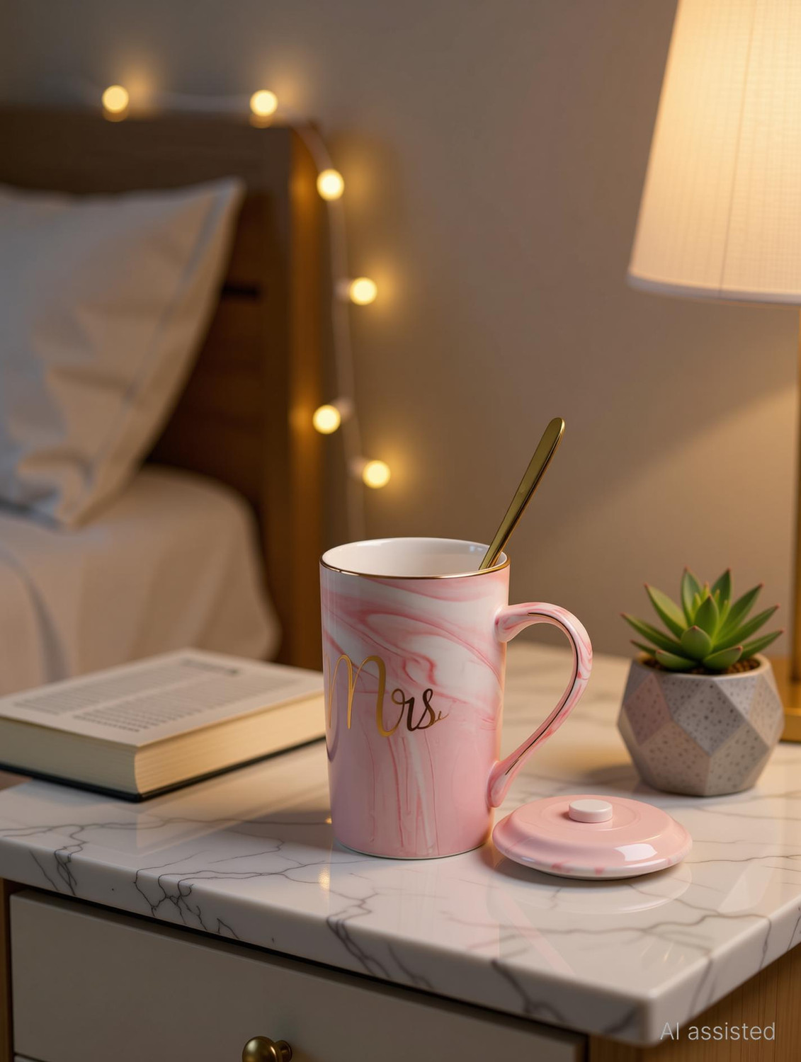Image of CPENSUS Coffee with Lid and Spoon 400ml Ceramic Marble Finish MR Couples Gift Ceramic Coffee Mug