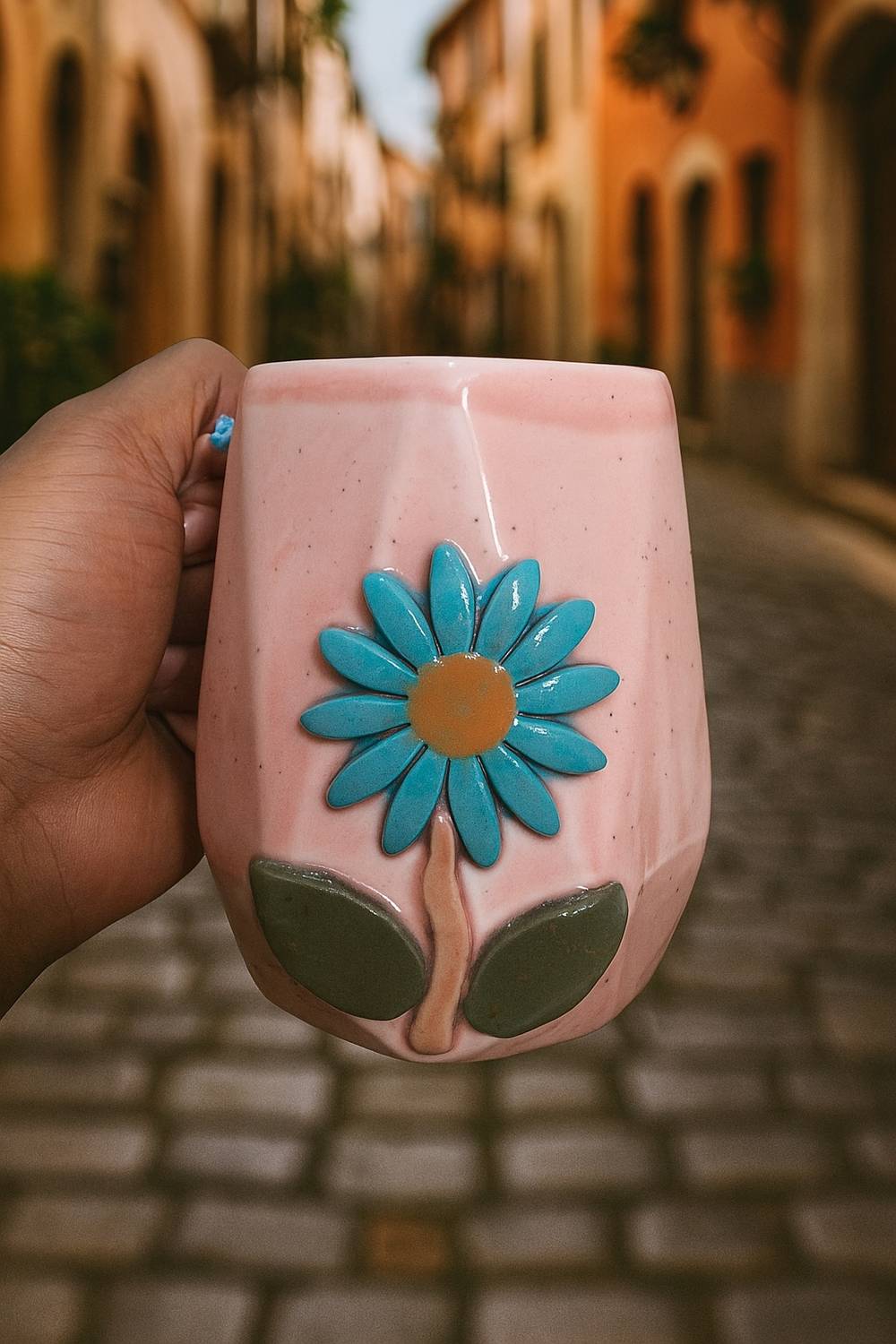 barakah Ceramic Pink mug with blue sunflower daimond Ceramic Coffee Mug