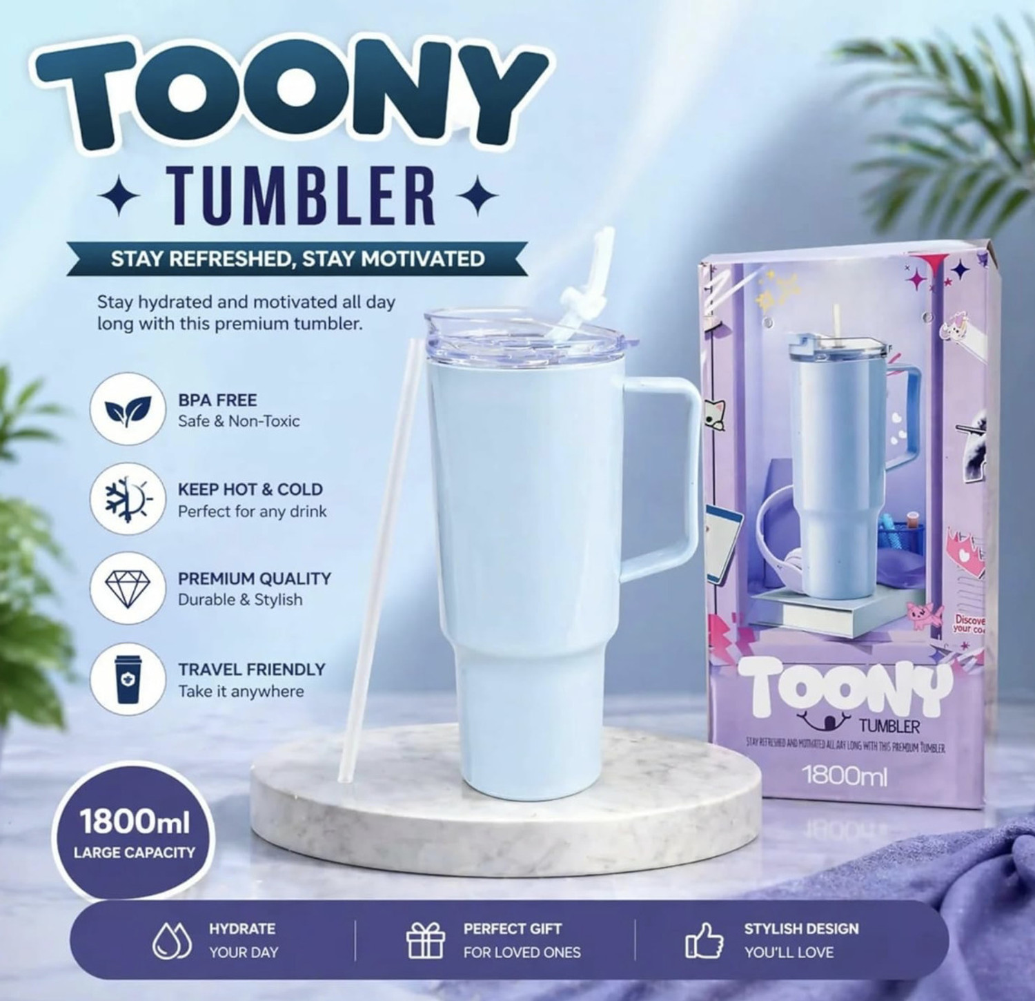 Image of tonny Hydration Tumbler with Straw & Handle Reusable for Juice,Cold Drinks Plastic Tumbler