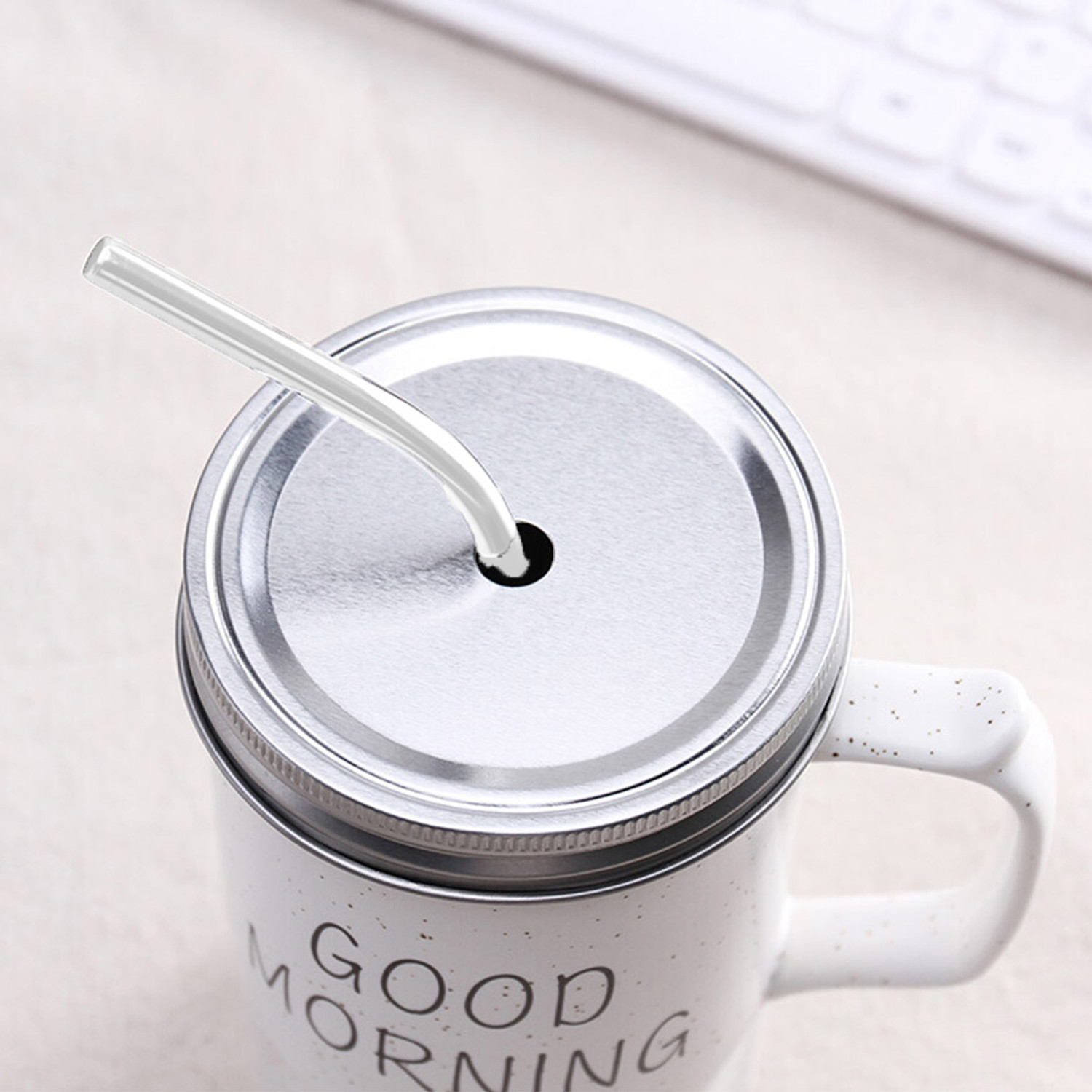 Image of BONZEAL New Quoted Good Morning Printed Jar with Glass Straw With Lid Ceramic Coffee Mug