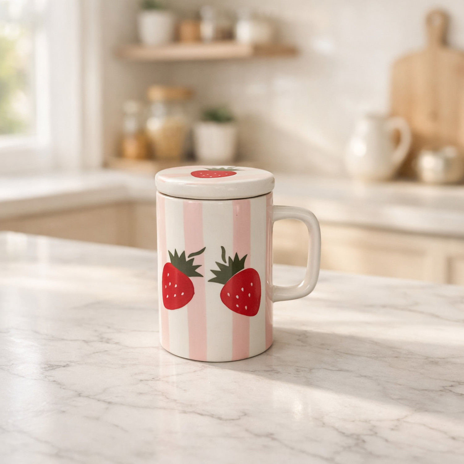 Image of Mitti Outlet Tea / Coffee with handpainted Pink Strips Strawberry with Lid design set Ceramic Coffee Mug (250 ml, Pack of 2)