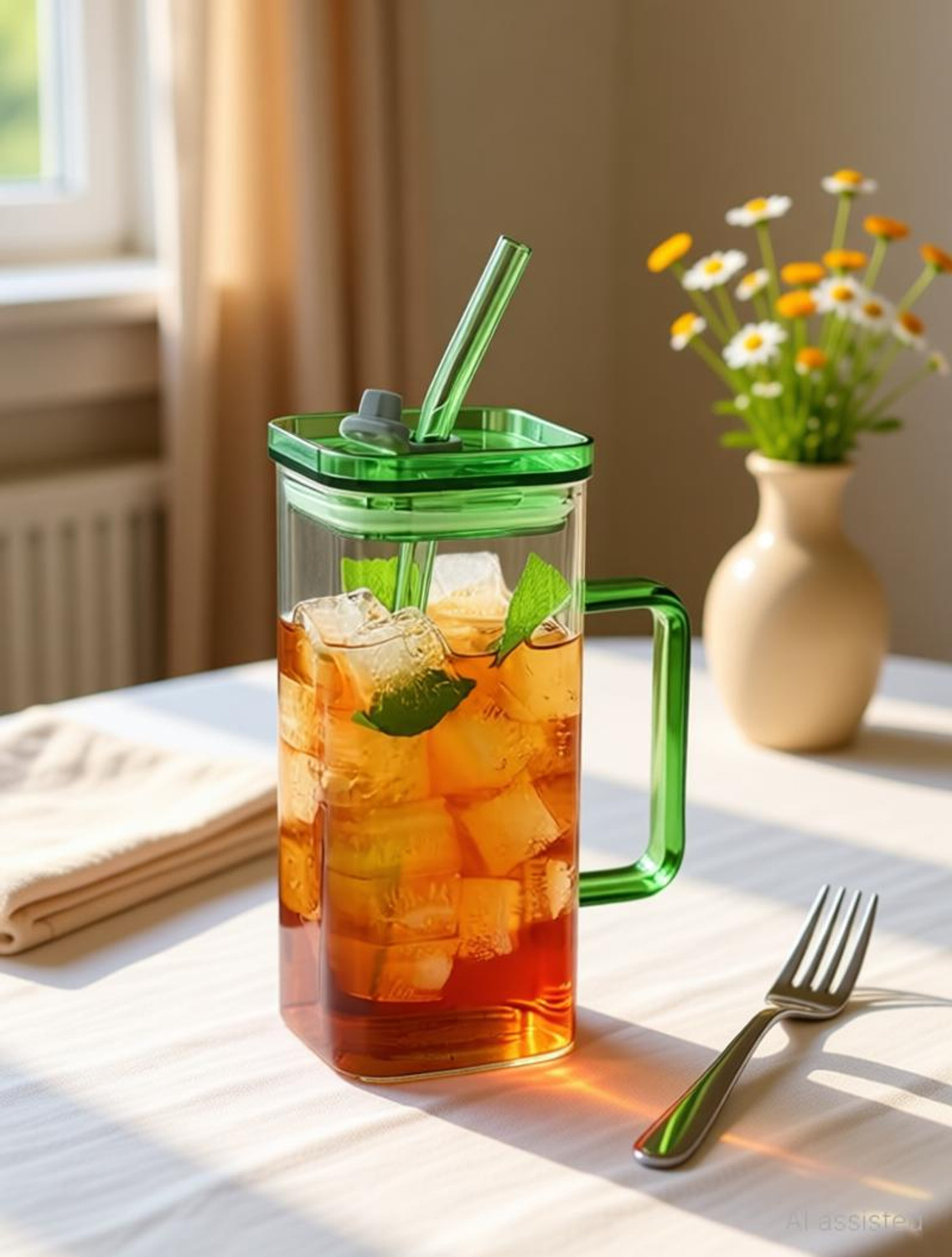 Image of ASKO Square Glass with Lid, Handle & Straw Glass Tumbler