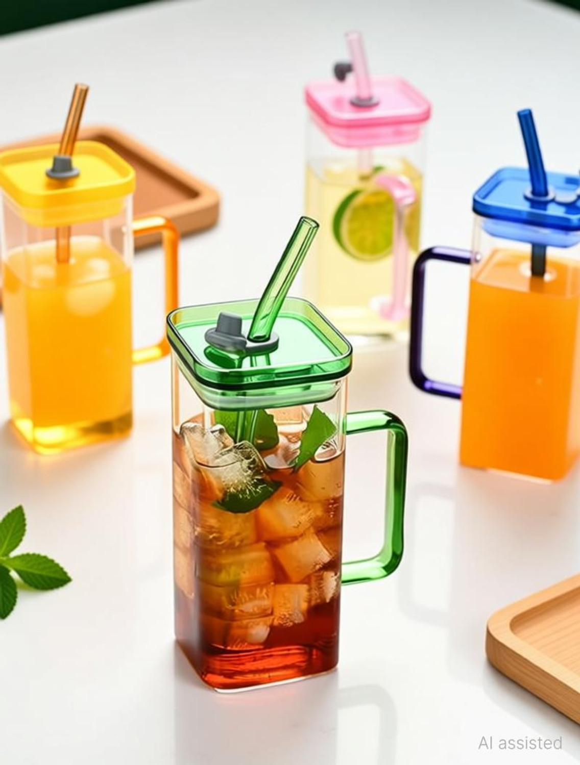Image of ASKO Square Glass with Lid, Handle & Straw Glass Tumbler