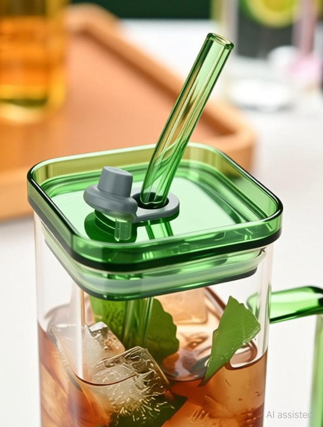 Image of ASKO Square Glass with Lid, Handle & Straw Glass Tumbler