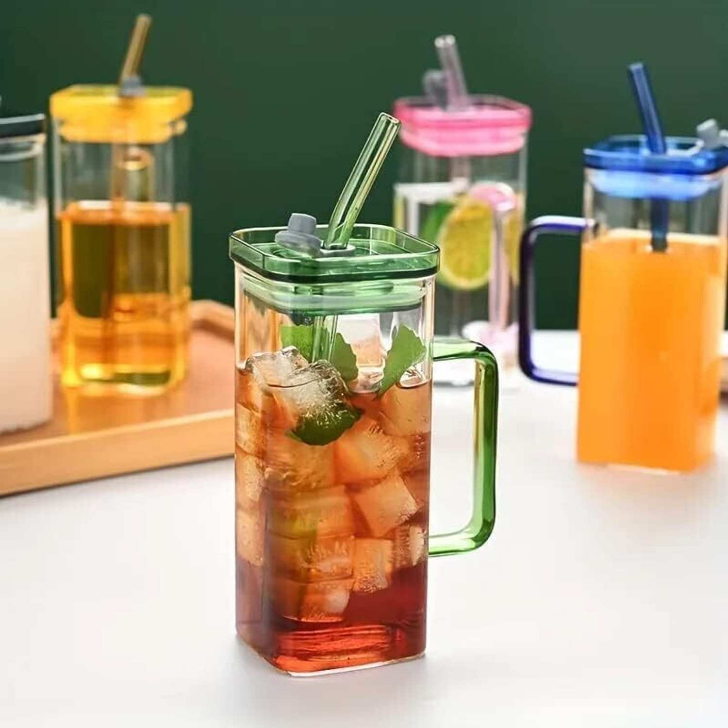 Image of ASKO Square Glass with Lid, Handle & Straw Glass Tumbler