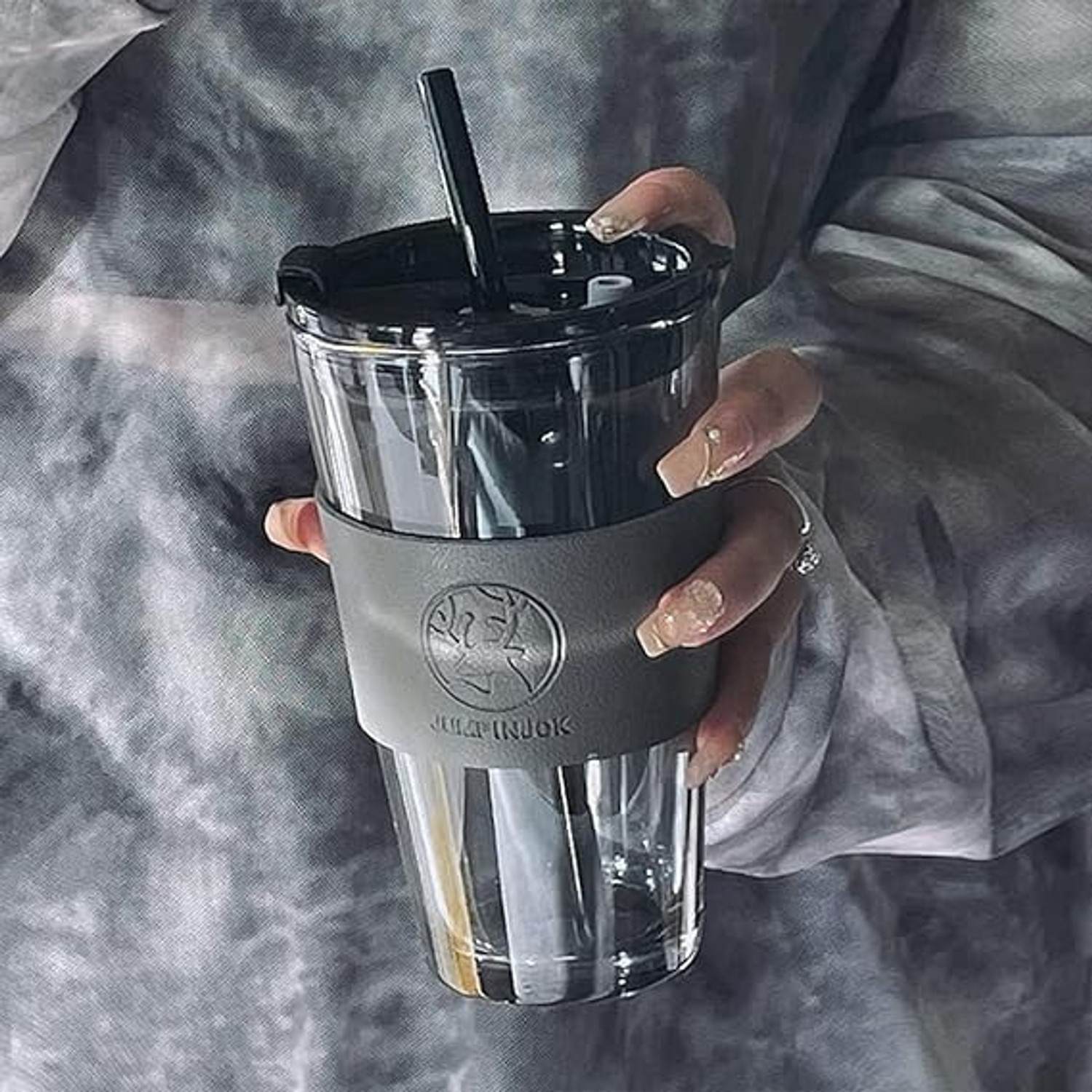 Image of Wallsenterprise 2 Reusable Glass Travel Sipper Tumbler with Straw & Lid Tea Glass Coffee Glass Coffee Mug