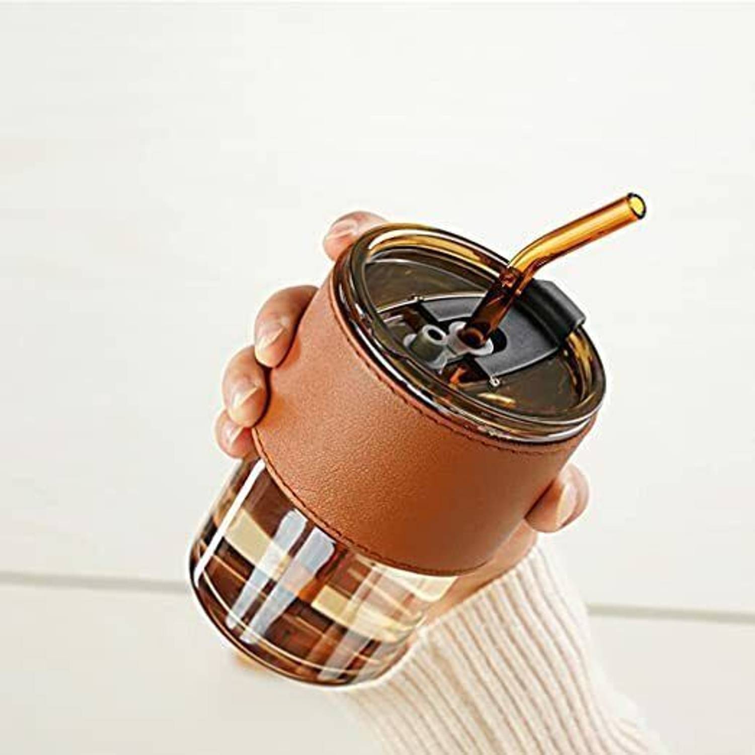 GLOWZADE Glass Tumbler with straw & Lid along Leather Sleeves Stylish | MultiPurpose Glass Coffee Mug