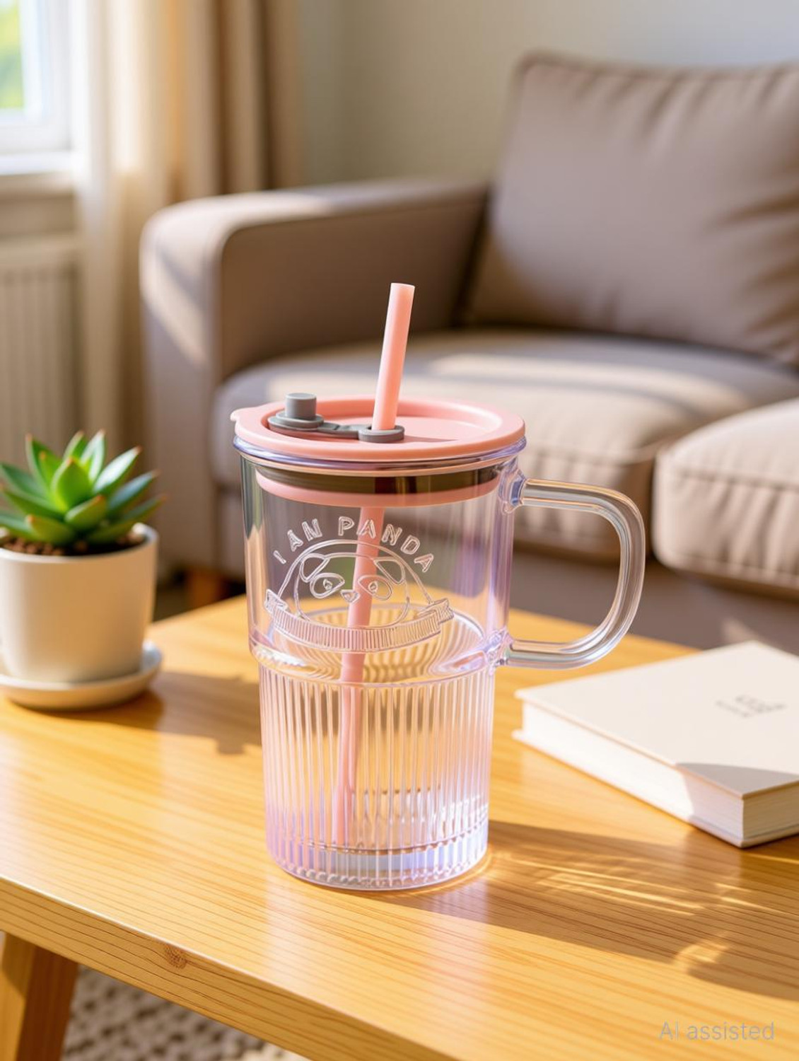 Image of infinitepiinitiatives Glass Tumbler with Lid Handle and Straw Iced Coffee Cup with Gold Badge Pattern Glass Coffee Mug