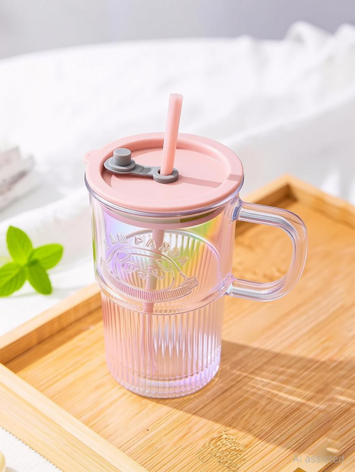 Image of infinitepiinitiatives Glass Tumbler with Lid Handle and Straw Iced Coffee Cup with Gold Badge Pattern Glass Coffee Mug
