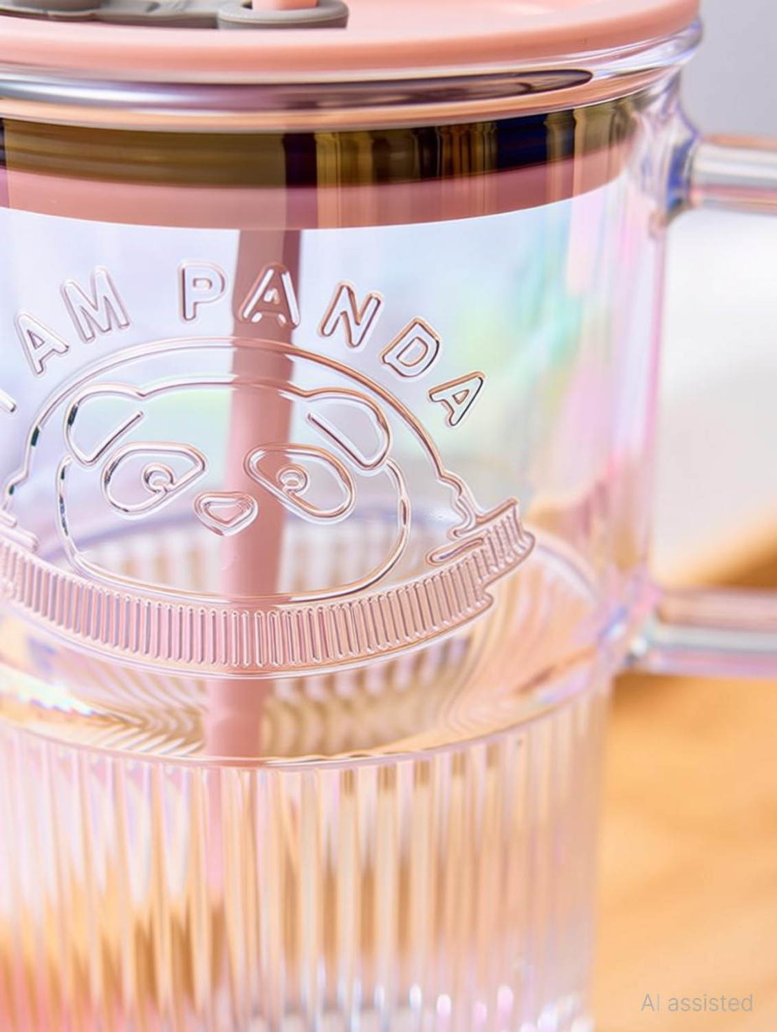 Image of infinitepiinitiatives Glass Tumbler with Lid Handle and Straw Iced Coffee Cup with Gold Badge Pattern Glass Coffee Mug
