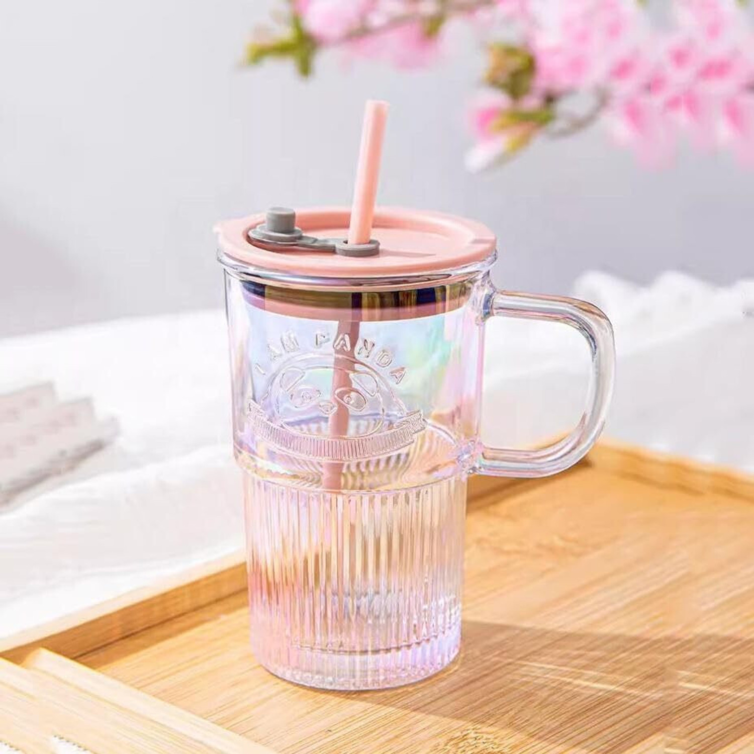 Image of infinitepiinitiatives Glass Tumbler with Lid Handle and Straw Iced Coffee Cup with Gold Badge Pattern Glass Coffee Mug