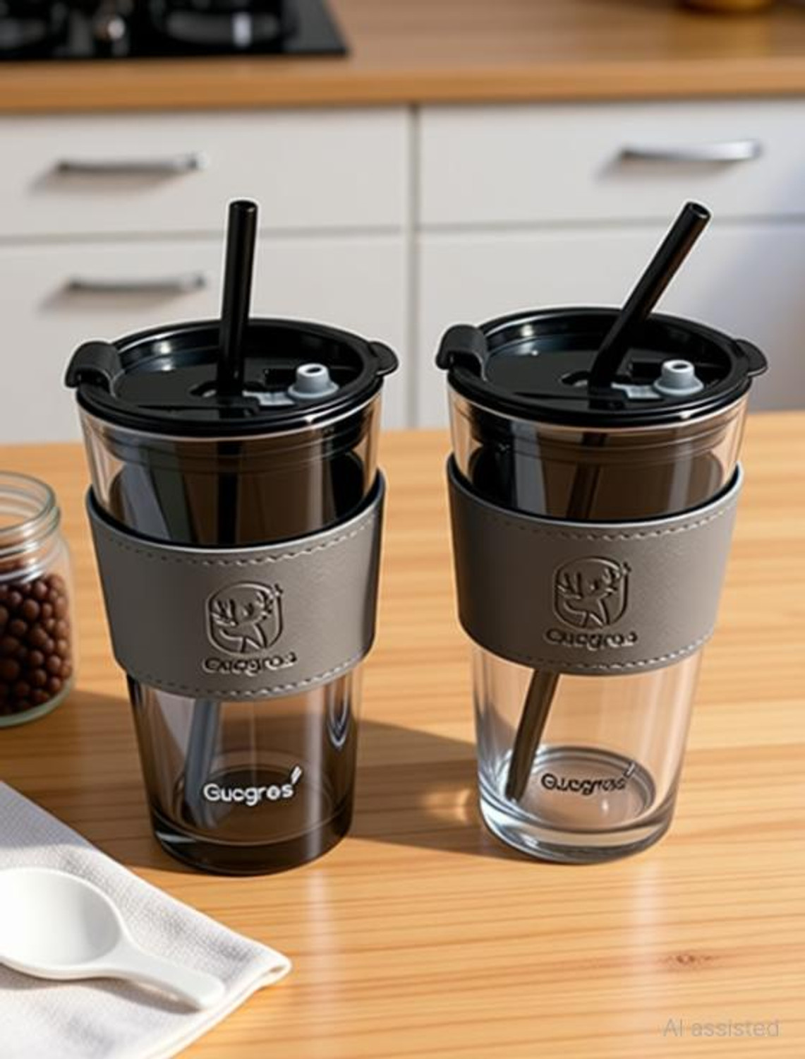 Image of Wallsenterprise 2 Reusable Glass Travel Sipper Tumbler with Straw & Lid Tea Glass Coffee Glass Coffee Mug
