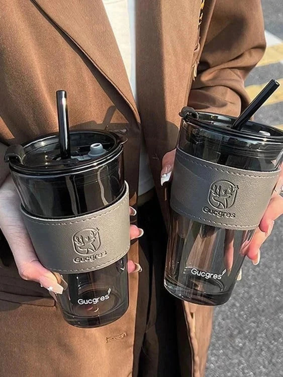 Image of Wallsenterprise 2 Reusable Glass Travel Sipper Tumbler with Straw & Lid Tea Glass Coffee Glass Coffee Mug