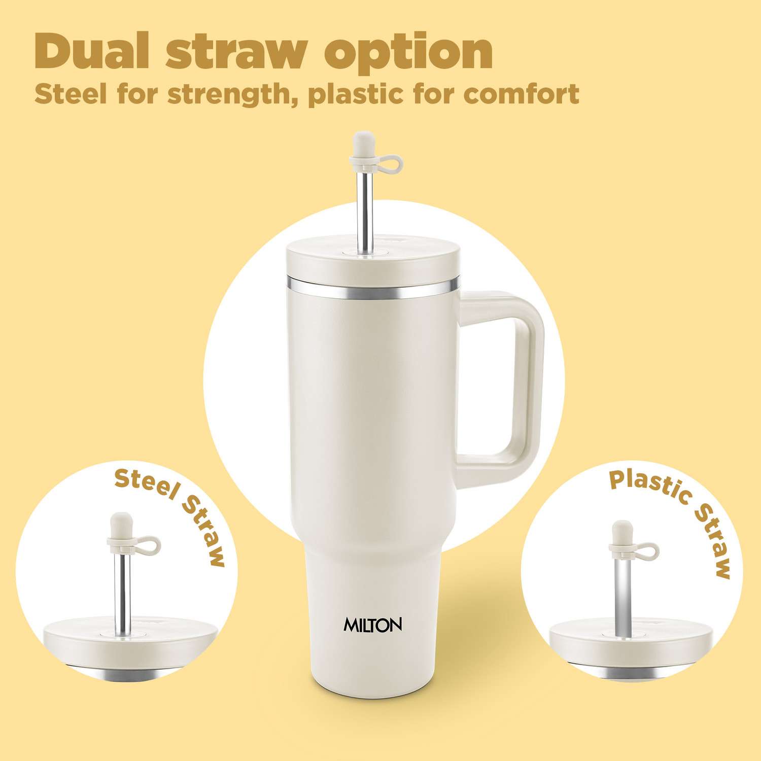 Image of MILTON My Tumbler 1200 Tumbler with Handle, Spillproof, Hot & Cold, Beige Stainless Steel Tumbler