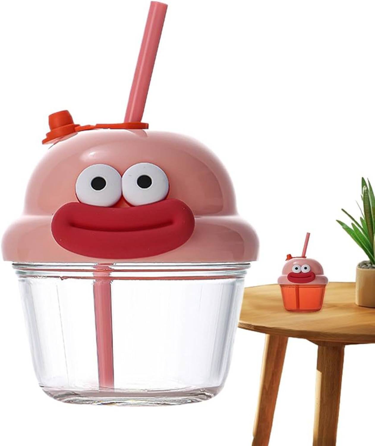 Adhunyk Glass Tumbler with Straw and Funny Cartoon Lid for Kids Glass Coffee Mug