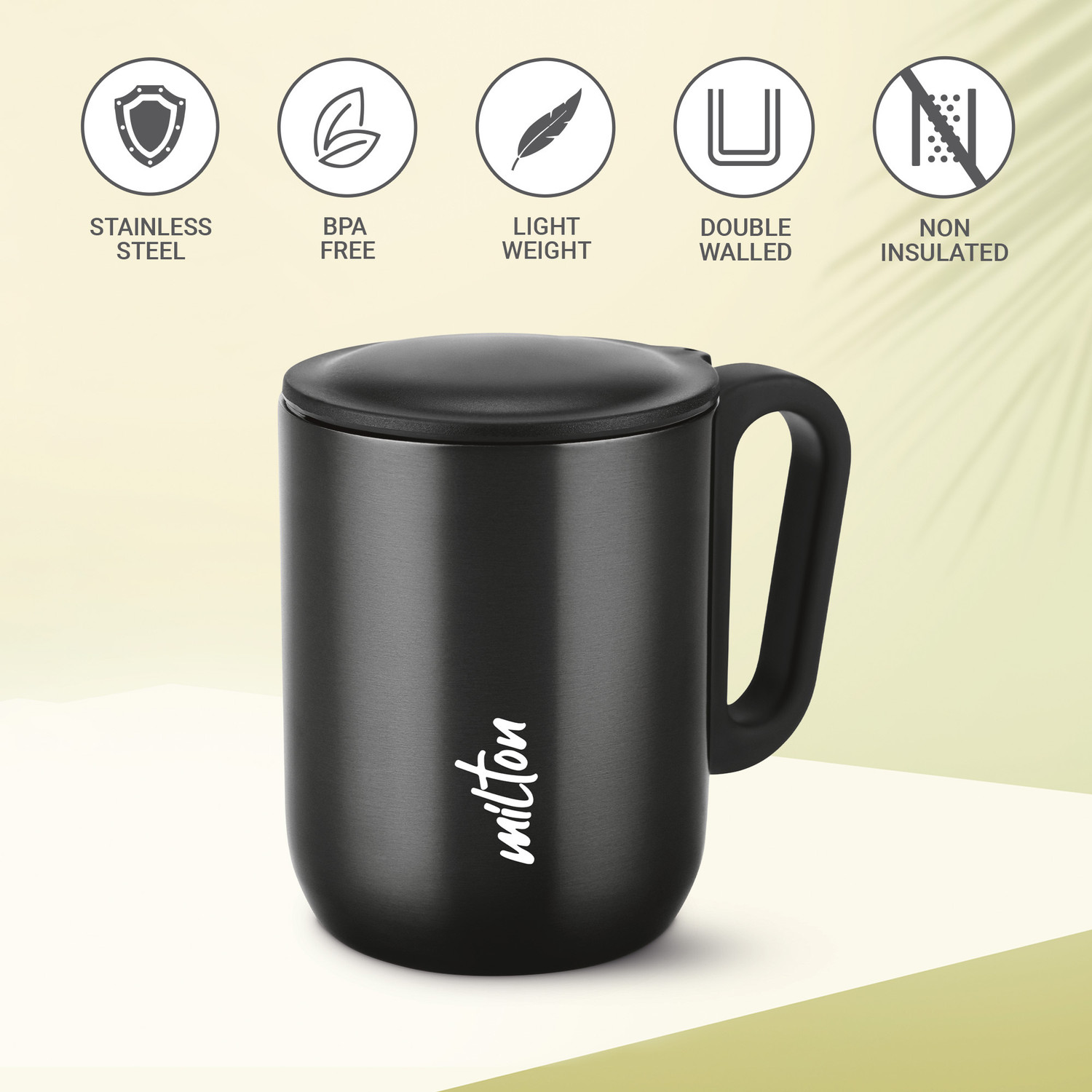 Image of MILTON Erin Coffee 250 Double Walled Coffee 240ml Inner Steel & Lid, Black Stainless Steel Coffee Mug