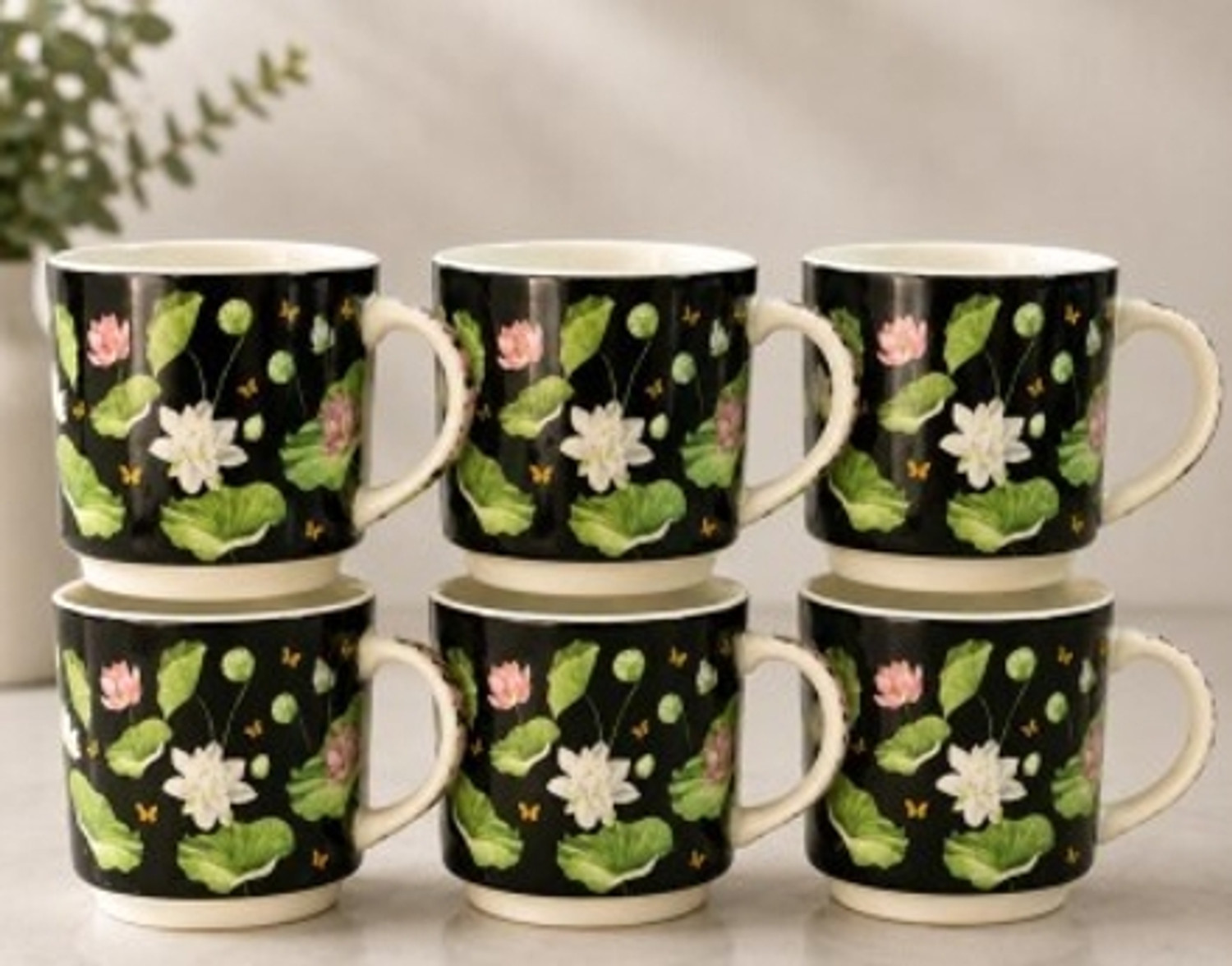 Image of The Cove Tales TCT- MIDNIGHT BLACK LOTUS MUG- SET OF 06 Ceramic Coffee Mug (300 ml, Pack of 6)