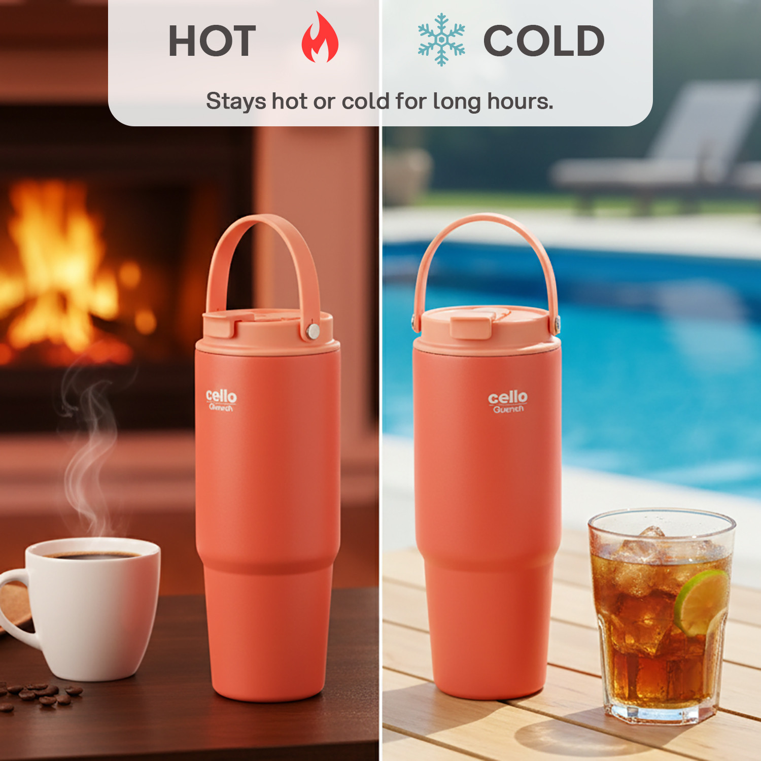 Image of cello Quench Go 850 ISI Certified Double Wall Vacuum Insulated Tumbler with Lid, Peach Stainless Steel Tumbler