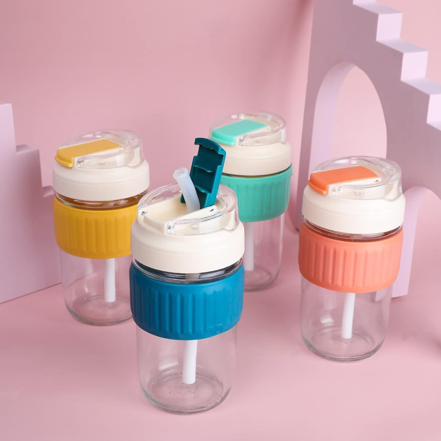 Image of Convoke Glass Sipper Bottle with Straw & Silicone Sleeve(500 ml pack of 1) Glass Tumbler