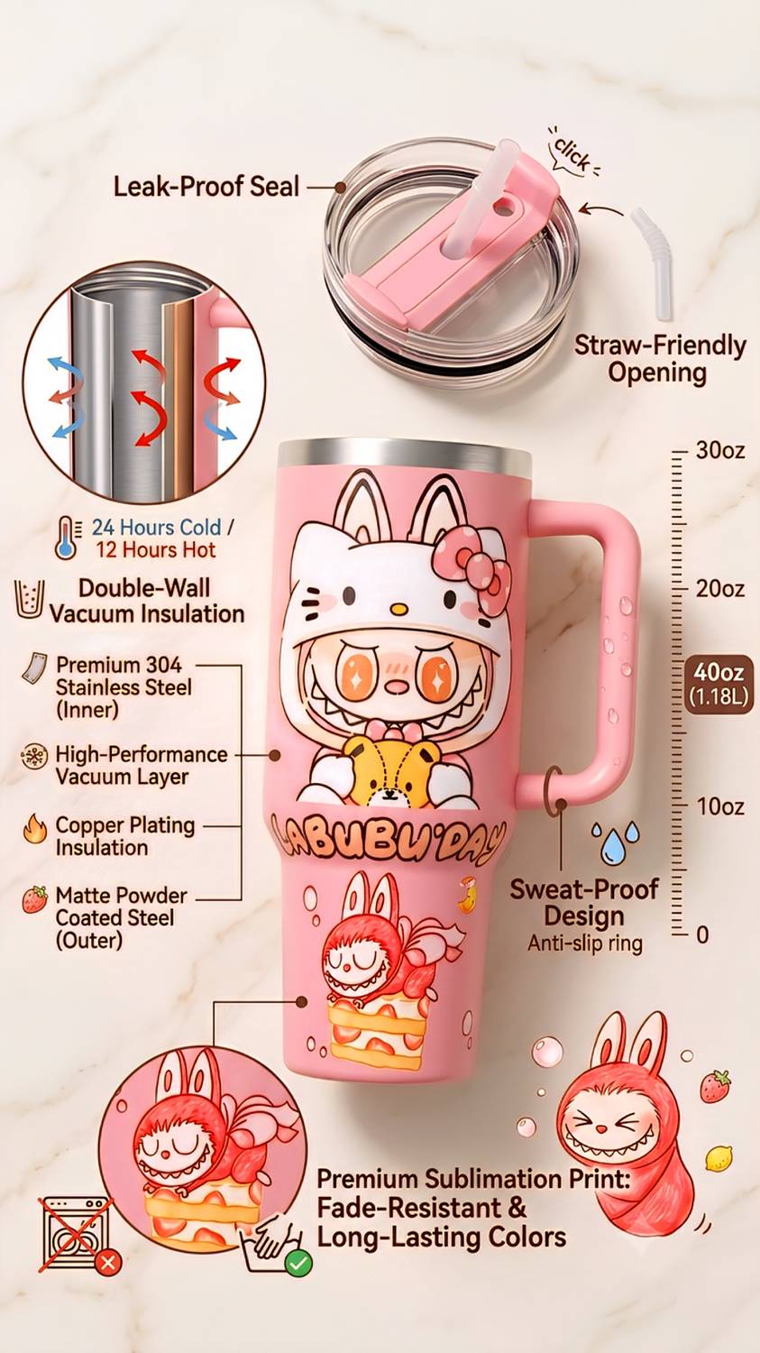 Shyam Traders Pink Labubu Sipper Stainless Steel Tumbler - Image 5