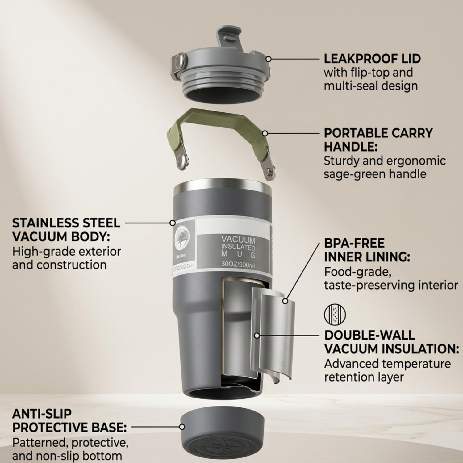 Image of Vrinda tumbler | 12H hot and 24H cold | stainless still | (900 ml) Stainless Steel Tumbler (900 ml)