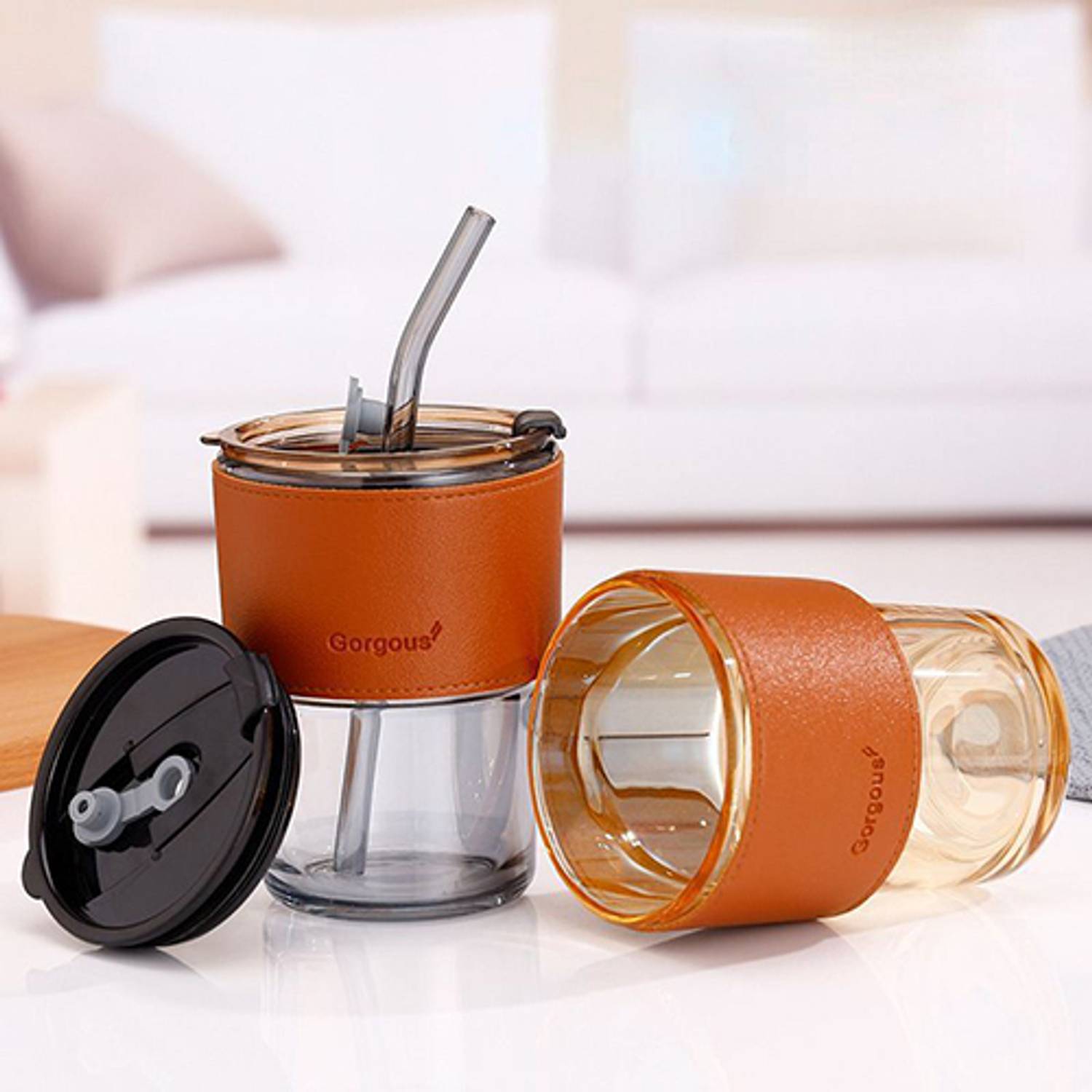 AuraMist Glass Sipper Bottle with Leather Sleeve Glass Coffee Straw and Leakproof Glass Coffee Mug