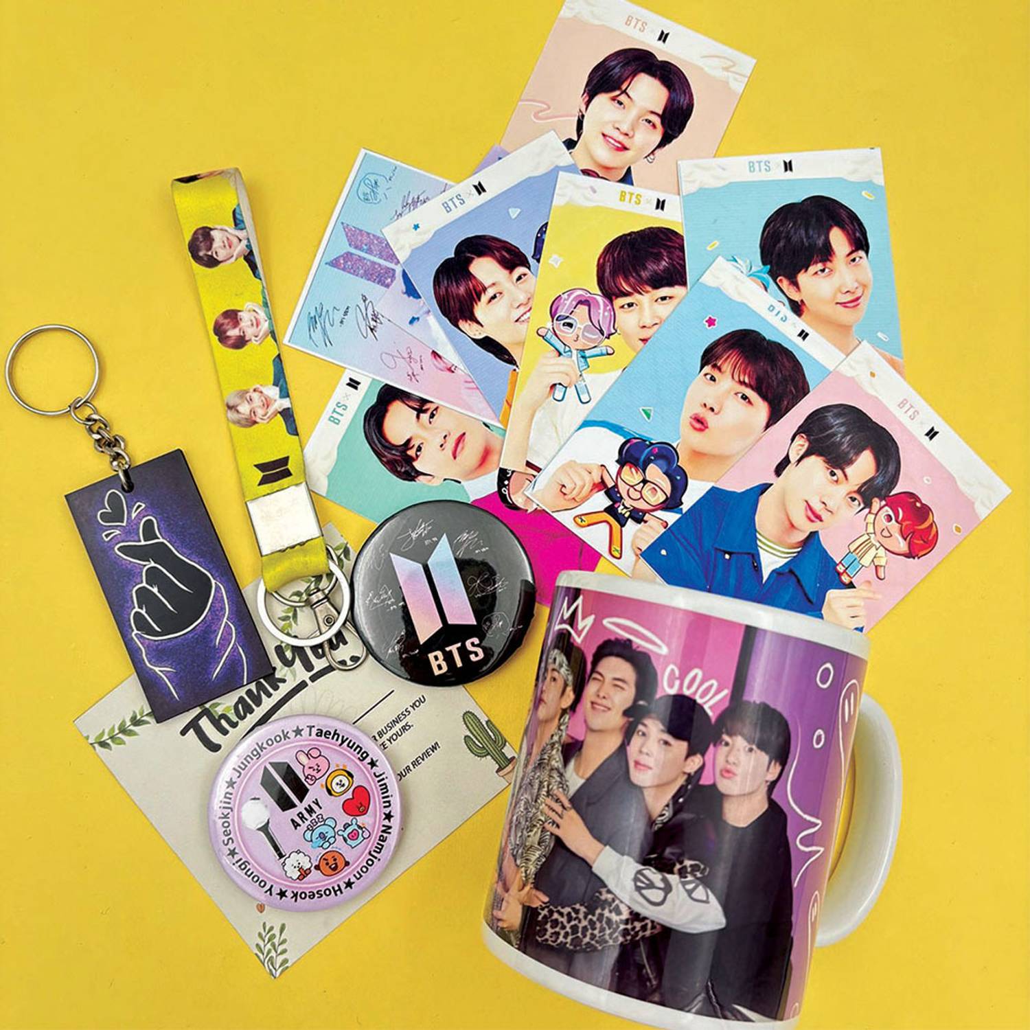 Laugham BTS Gift Combo 14 Items | Cup, Badges, Keychains & 300 GSM