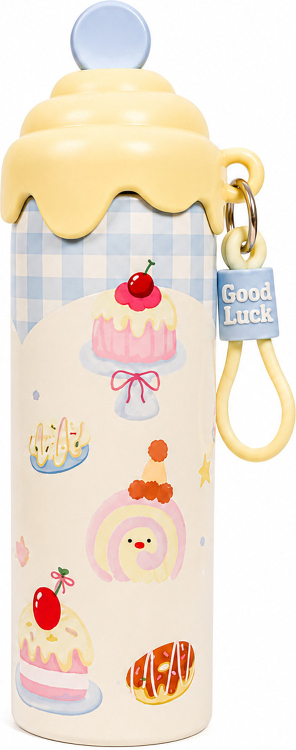 Mavinclub Cute Cake Print Water Bottle with Silicone Strap Leakproof ⭐ 500 ml Stainless Steel Sipper