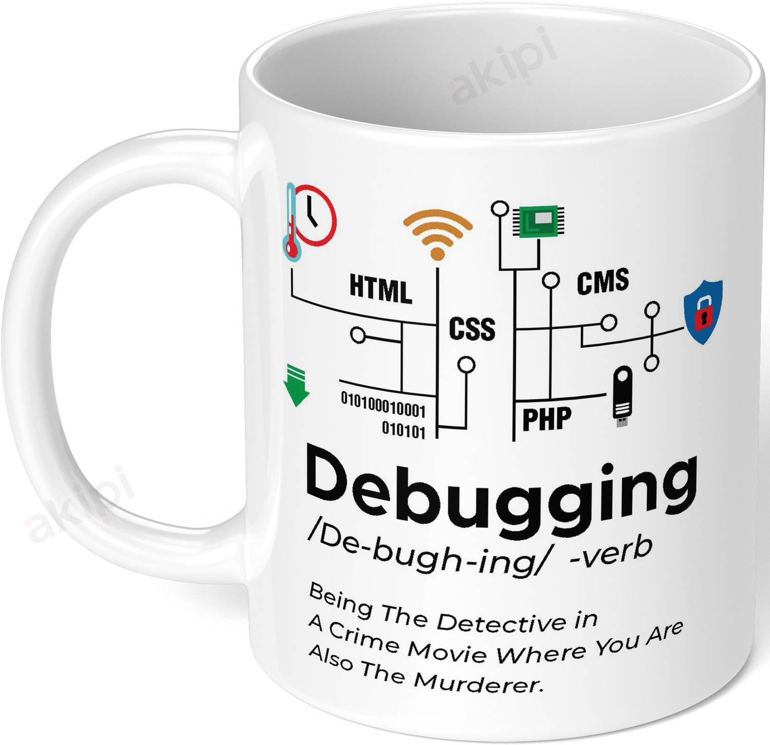 Akipi Debugging Definition verb | IT Programming Coding ARM054 Ceramic Coffee Mug