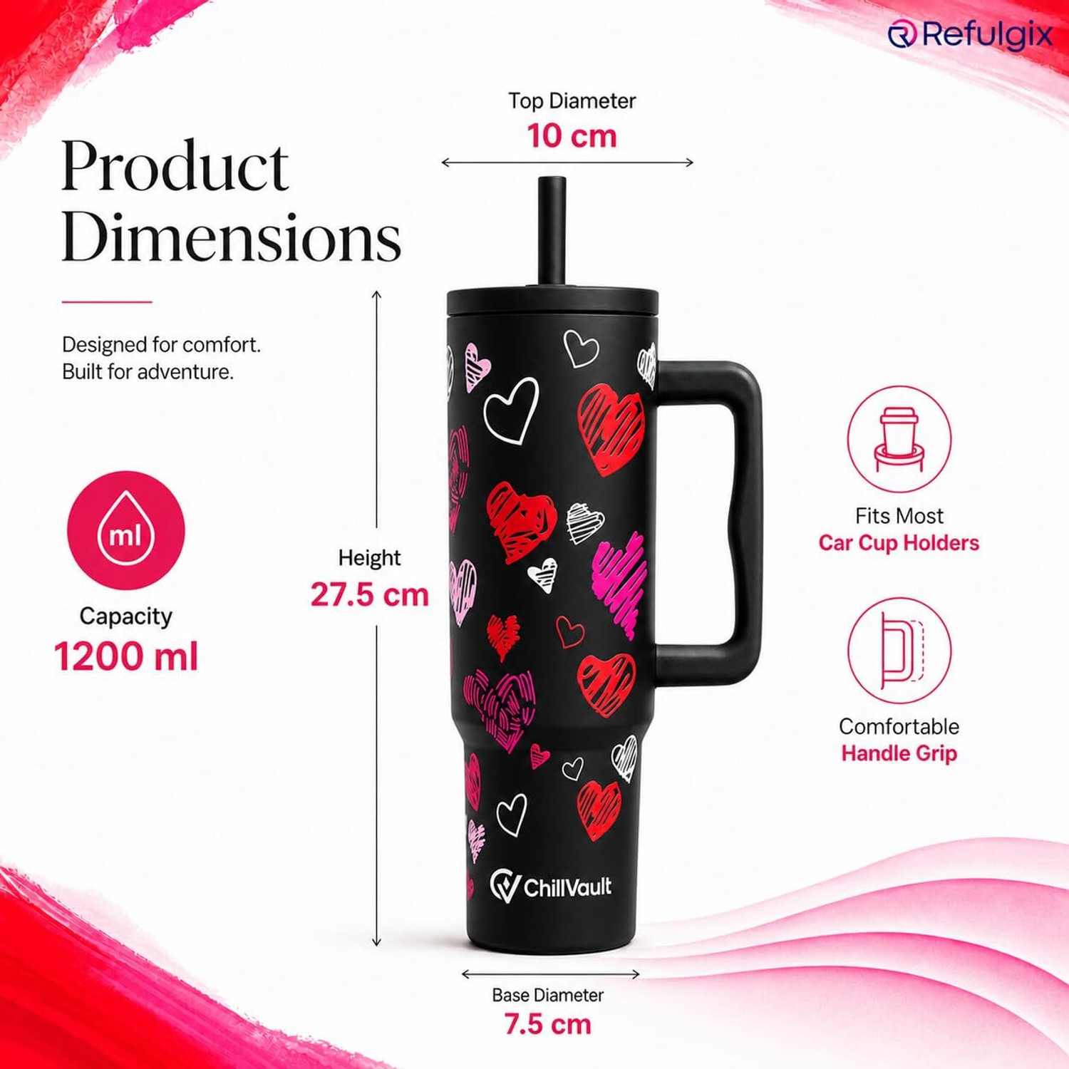 Image of ChillVault Insulated Tumbler with Handle, Leak-Proof Lid, 2 Straws, Keeps Drinks Hot & Cold Stainless Steel Tumbler