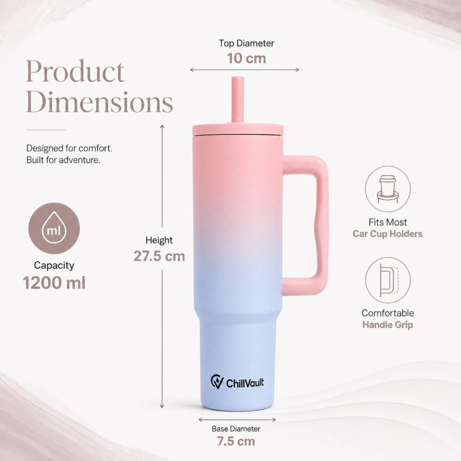 Image of ChillVault Insulated Tumbler with Handle, Leak-Proof Lid, 2 Straws, Hot & Cold Cup Stainless Steel Tumbler