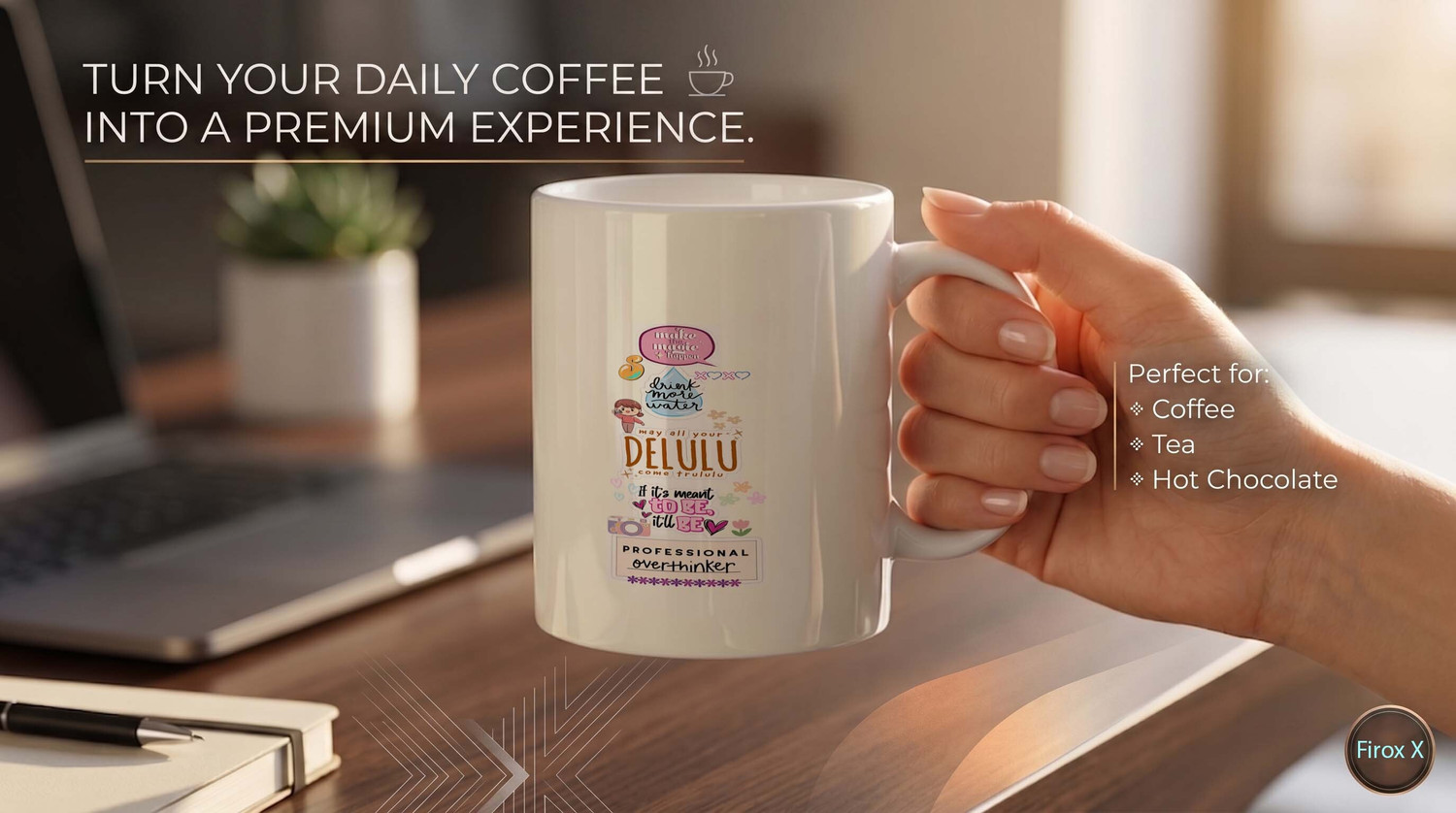 Image of Firox x delulu professional overthinker sticker design printed aesthetic white printed Ceramic Coffee Mug (330 ml)