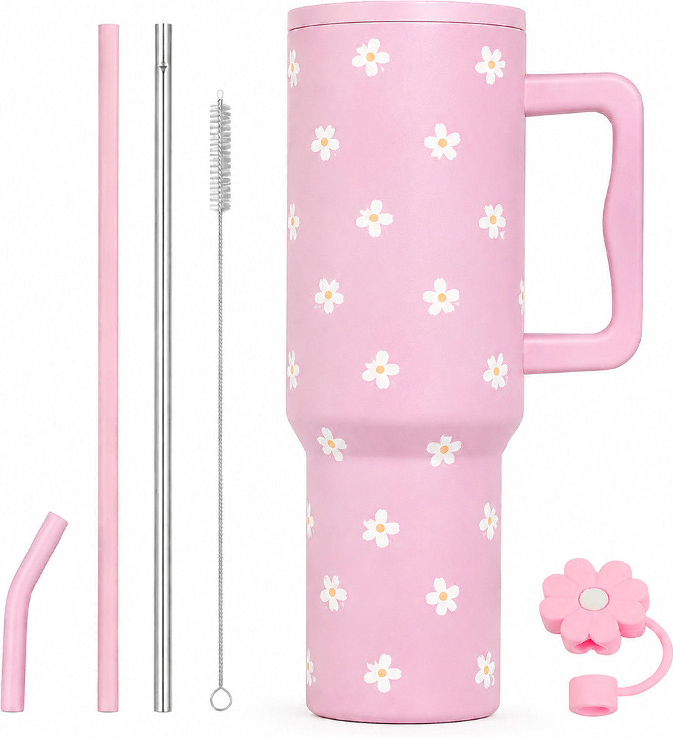 Image of INDIWARRIOR Sipper Tumbler With Handle And Straw With Lid Daisy Printed Travel Stainless Steel Tumbler