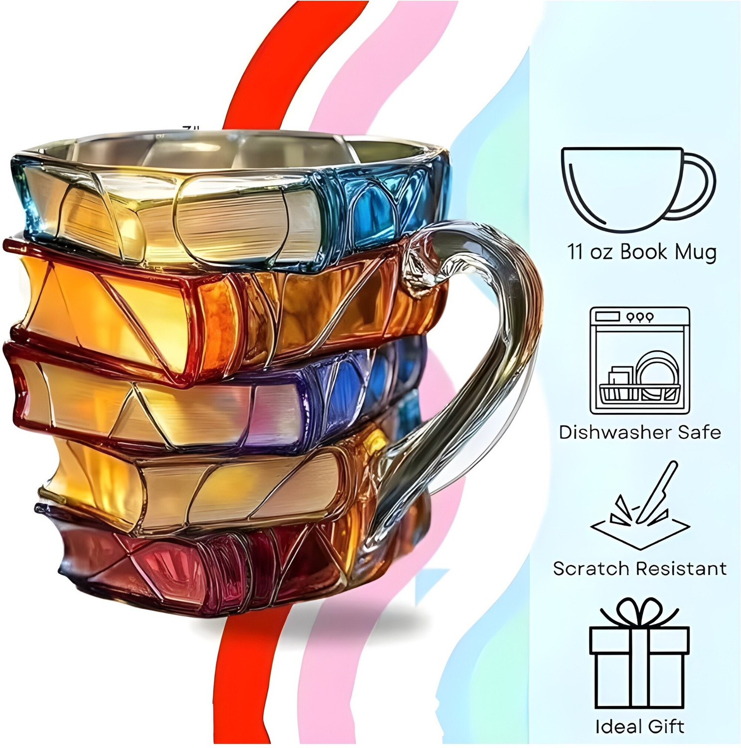 Image of Dancing Panda Handcrafted Colorful Book Stack Glass Translucent Literary Themed(Set of 1) Glass Coffee Mug (191 ml)