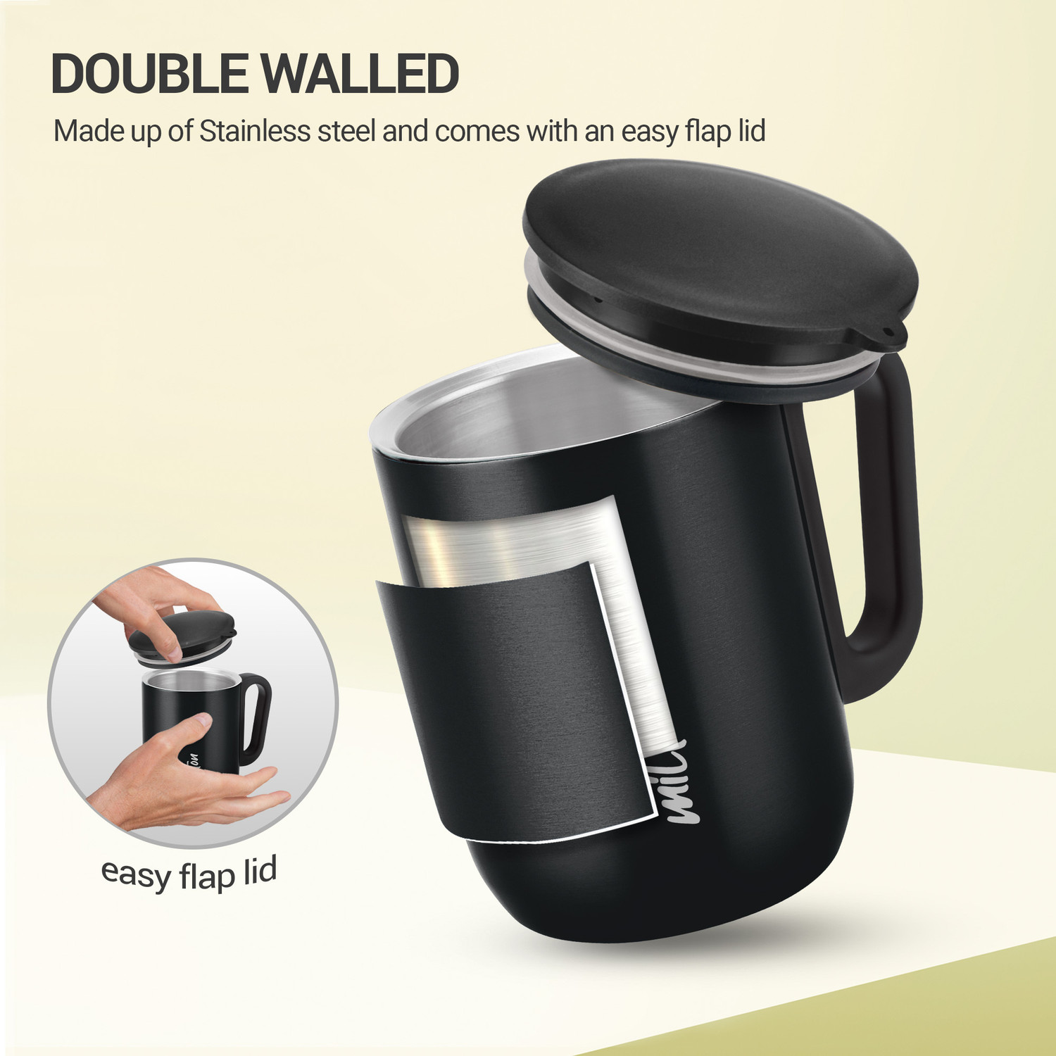 Image of MILTON Erin Coffee 250 Double Walled Coffee 240ml Inner Steel & Lid, Black Stainless Steel Coffee Mug