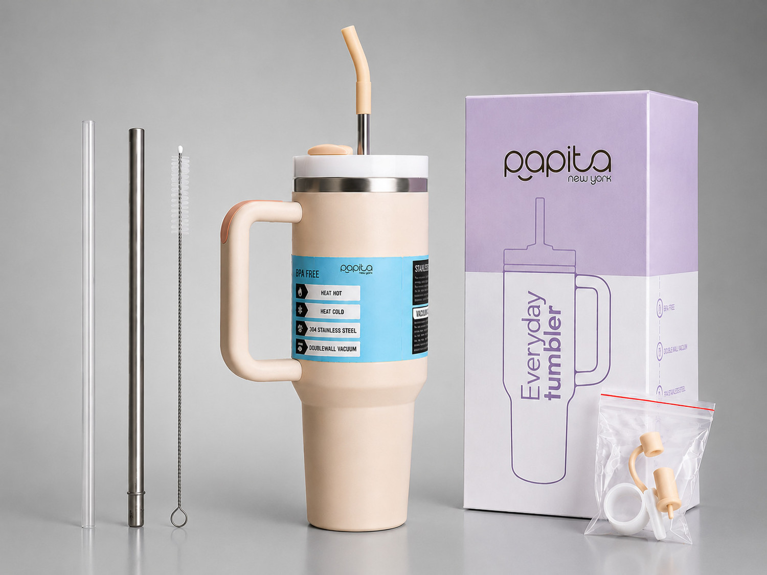 Image of papita Hot and Cold Insulated Tumbler Lid S S TumblerStraw Cream-PPT Stainless Steel Tumbler (1200 ml)