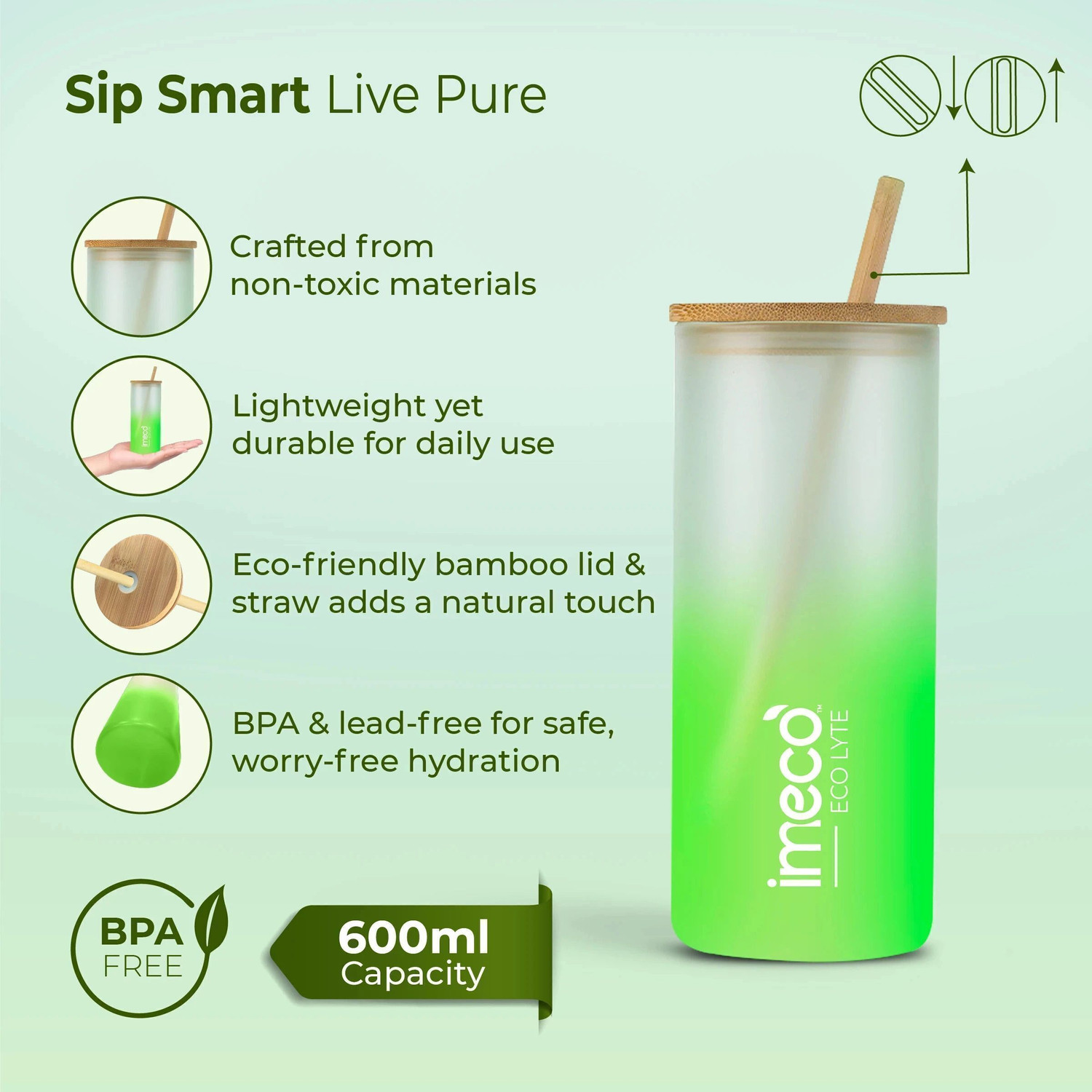 Image of IMECO ECO LYTE Glass Sipper Bottle with Bamboo Lid & Reusable Straw | Green | Glass Tumbler