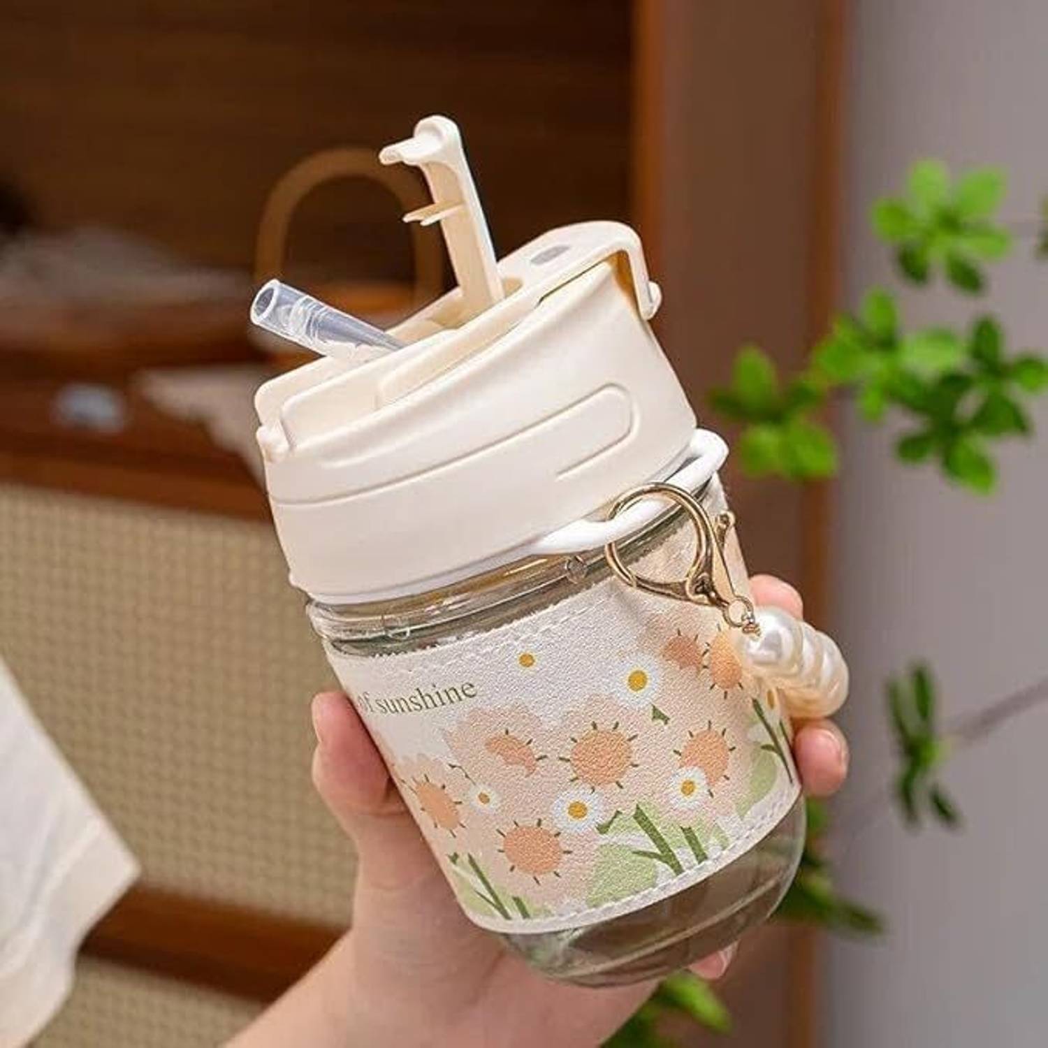 AJCART Reusable Glass Coffee Sippers with Lid & Straw Glass Coffee Mug
