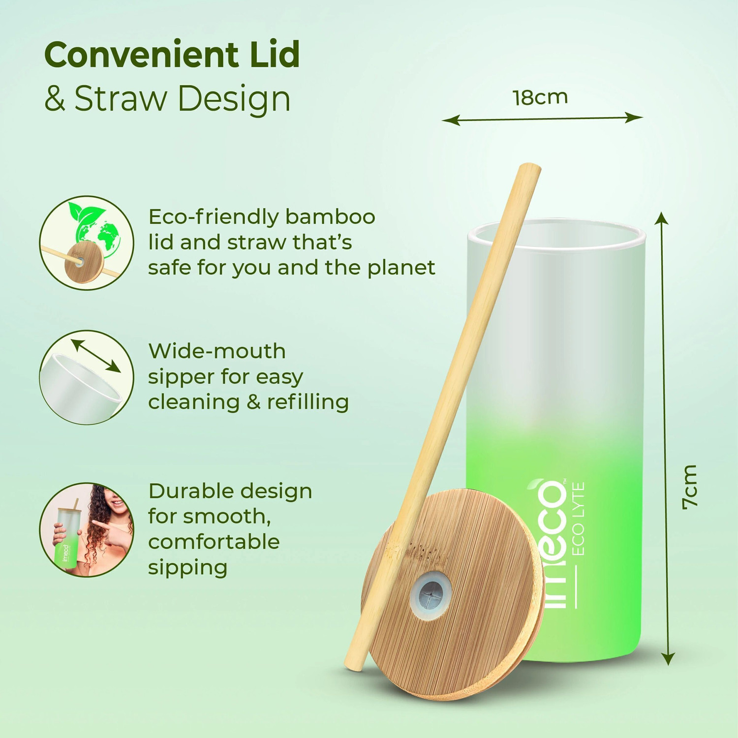 Image of IMECO ECO LYTE Glass Sipper Bottle with Bamboo Lid & Reusable Straw | Green | Glass Tumbler