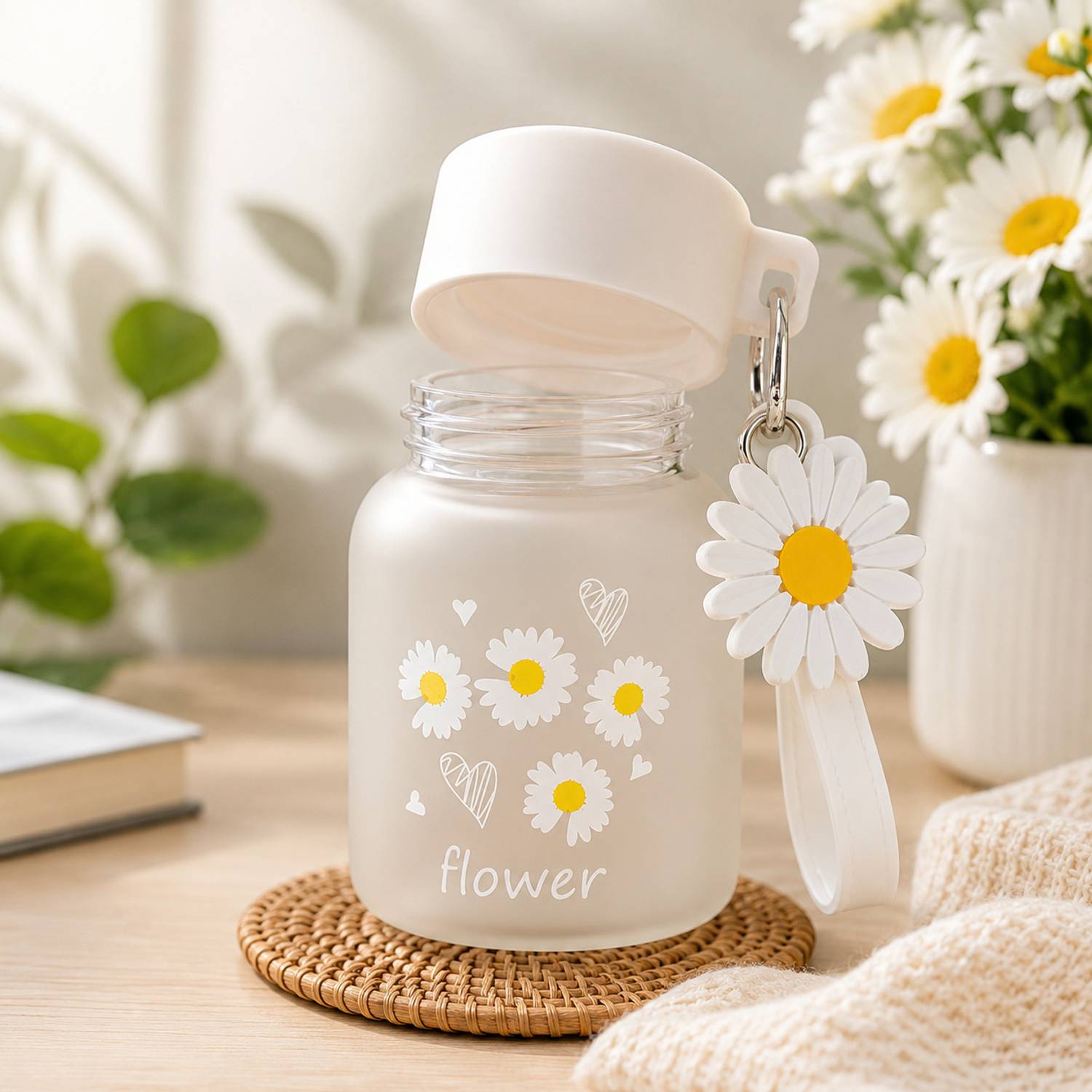 AQUA LUXE 350ml Cute Flower Frosted Glass Small Bottle Travel Cup With Lid Coffee Tumbler Glass Coffee Mug