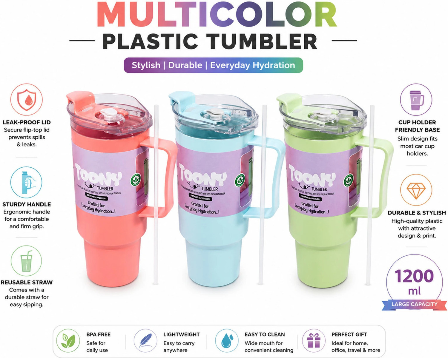 Image of TOONY 1200 ML Primium TUMBLER with Spill Resist Lid, Handle & Reusable Straw Plastic Tumbler