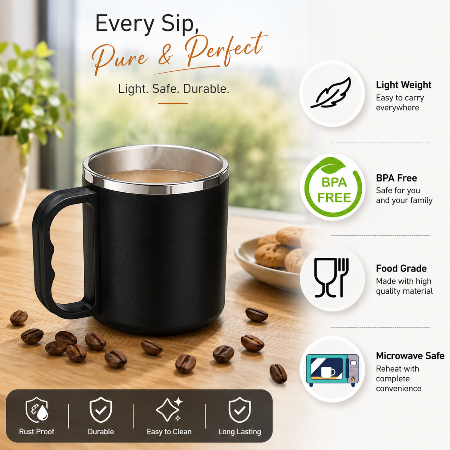 Image of UNINOX Masco Tea Cup Set, Plastic Microwave Safe, Chai Cup, Steel Cup Stainless Steel Coffee Mug