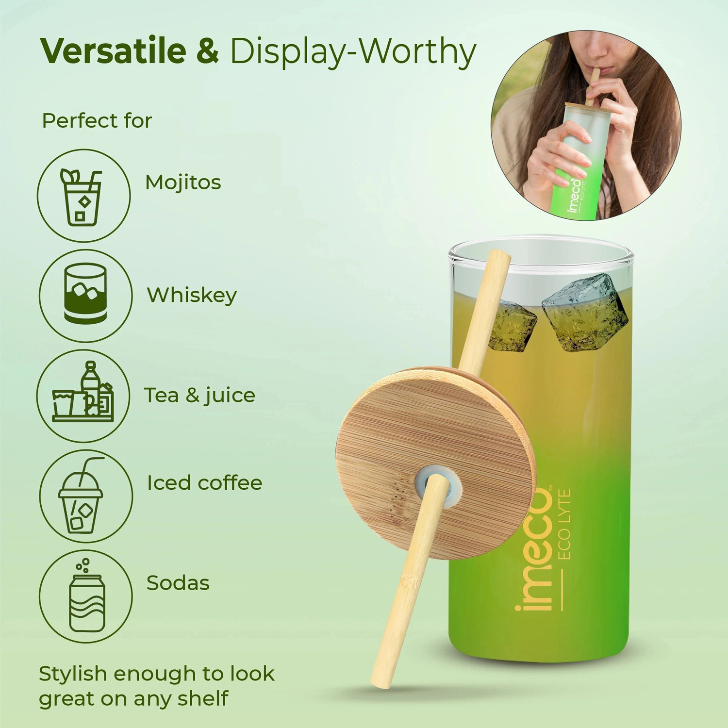 Image of IMECO ECO LYTE Glass Sipper Bottle with Bamboo Lid & Reusable Straw | Green | Glass Tumbler