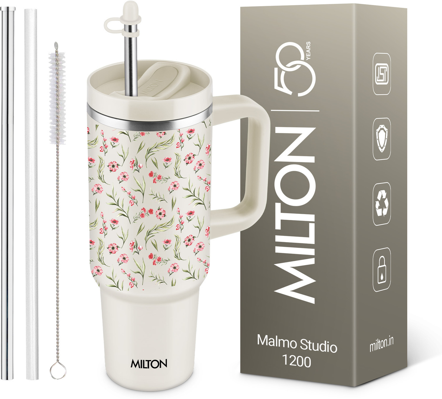 Image of MILTON Malmo 1200 Thermosteel Vacuum Insulated Tumbler 1100 ml with Straw Floral Beige Stainless Steel Tumbler