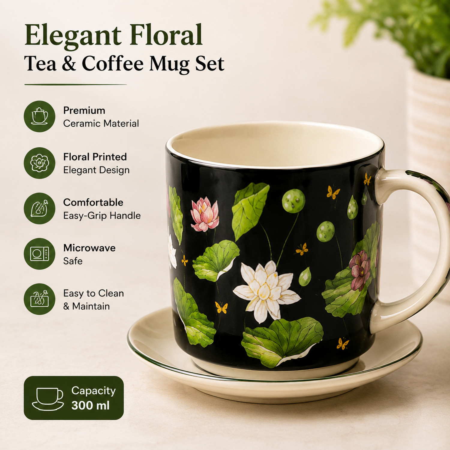 Image of The Cove Tales TCT- MIDNIGHT BLACK LOTUS MUG- SET OF 06 Ceramic Coffee Mug (300 ml, Pack of 6)